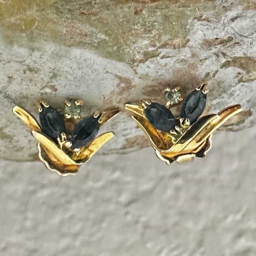 Vintage Gold-Tone Leaf post Earrings with Blue & Green Rhinestones